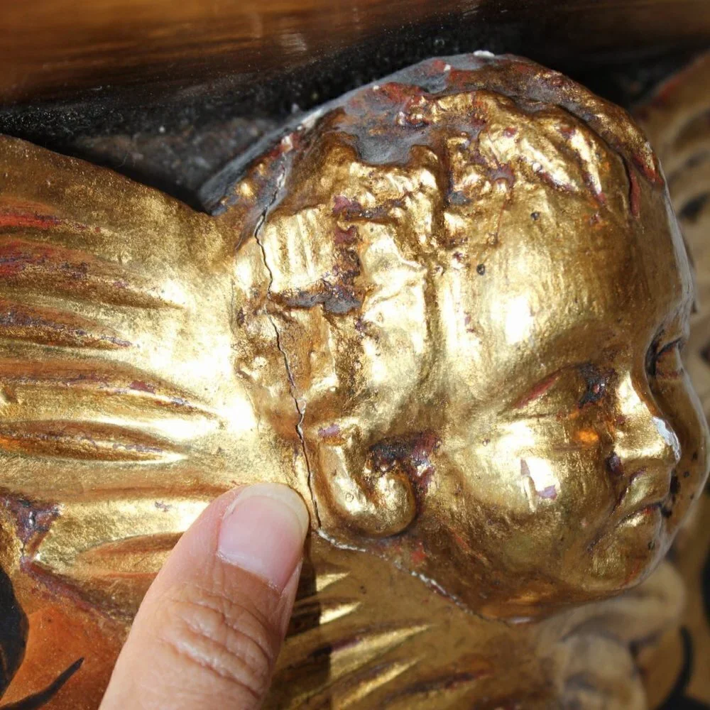 Antique vintage wood carved gilded Putti brackets Cherub Baroque golden flaws